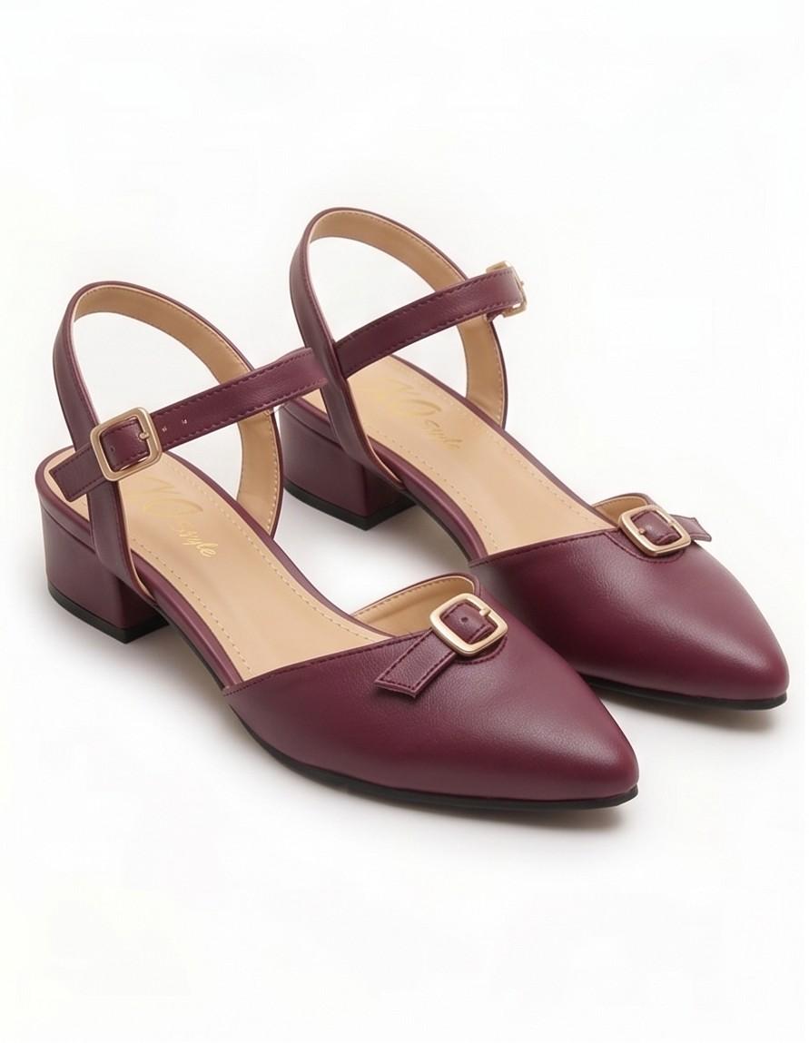 Buckle Detail Slingback Block Heel Pumps – Burgundy
