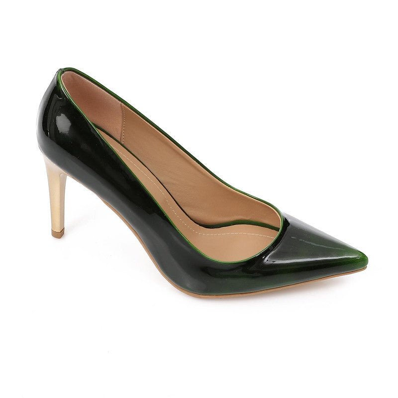 Glossy Finish 9cm Gold Heel Pumps – Dark Green