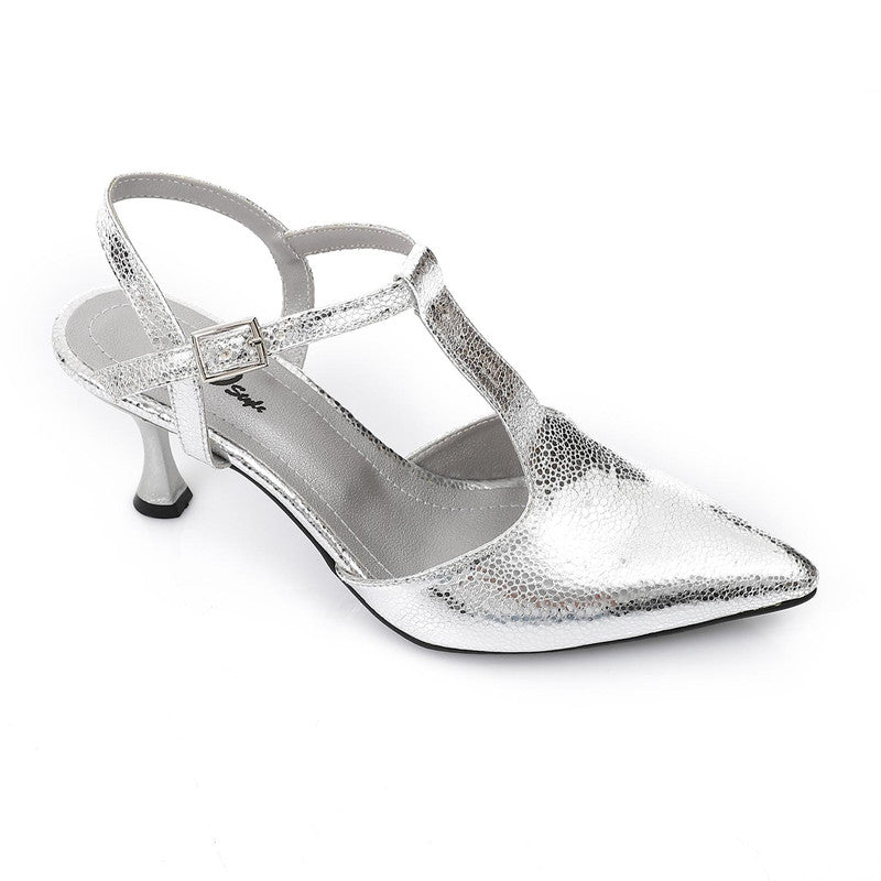 Metallic Strap 5cm Heel Pumps – Silver