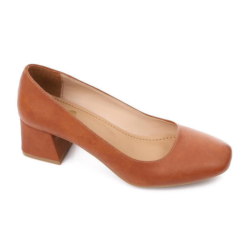 Minimal Block Heel Comfort Pumps – Tan