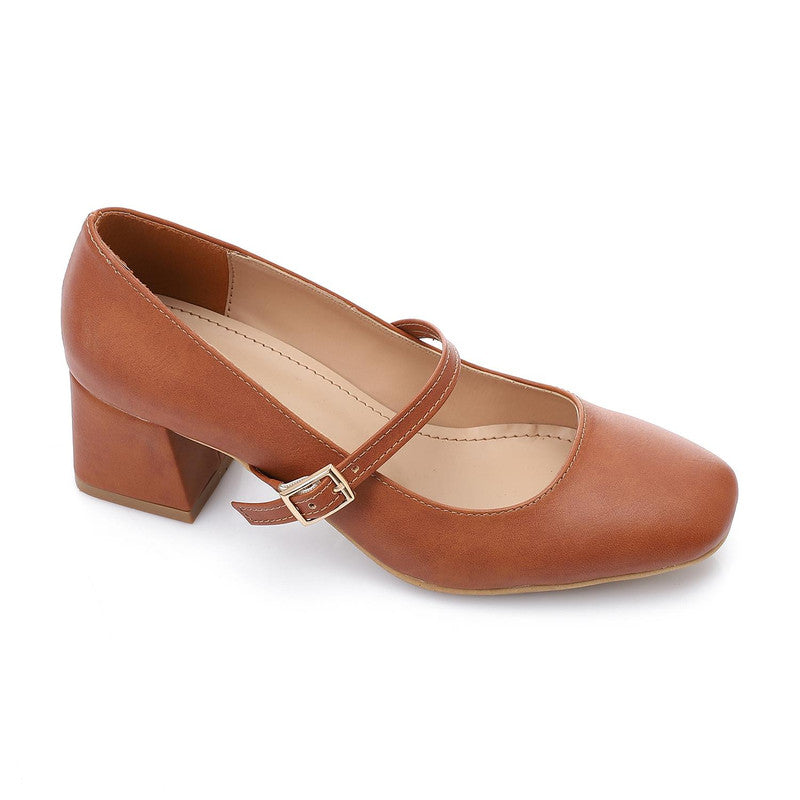 Strap Detail 3cm Block Heel Pumps – Camel