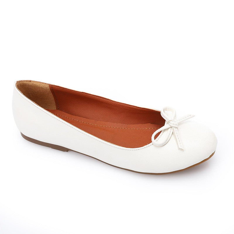 Bow Detail Leather Ballet Flats – White