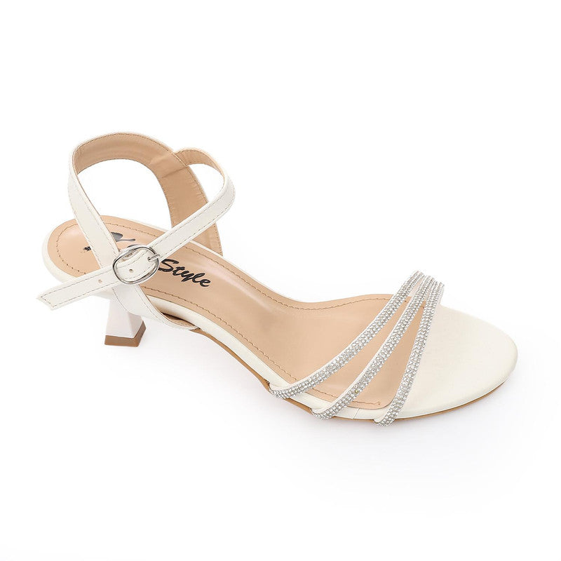 Crystal Strap Ankle Mid Heel Sandals – White