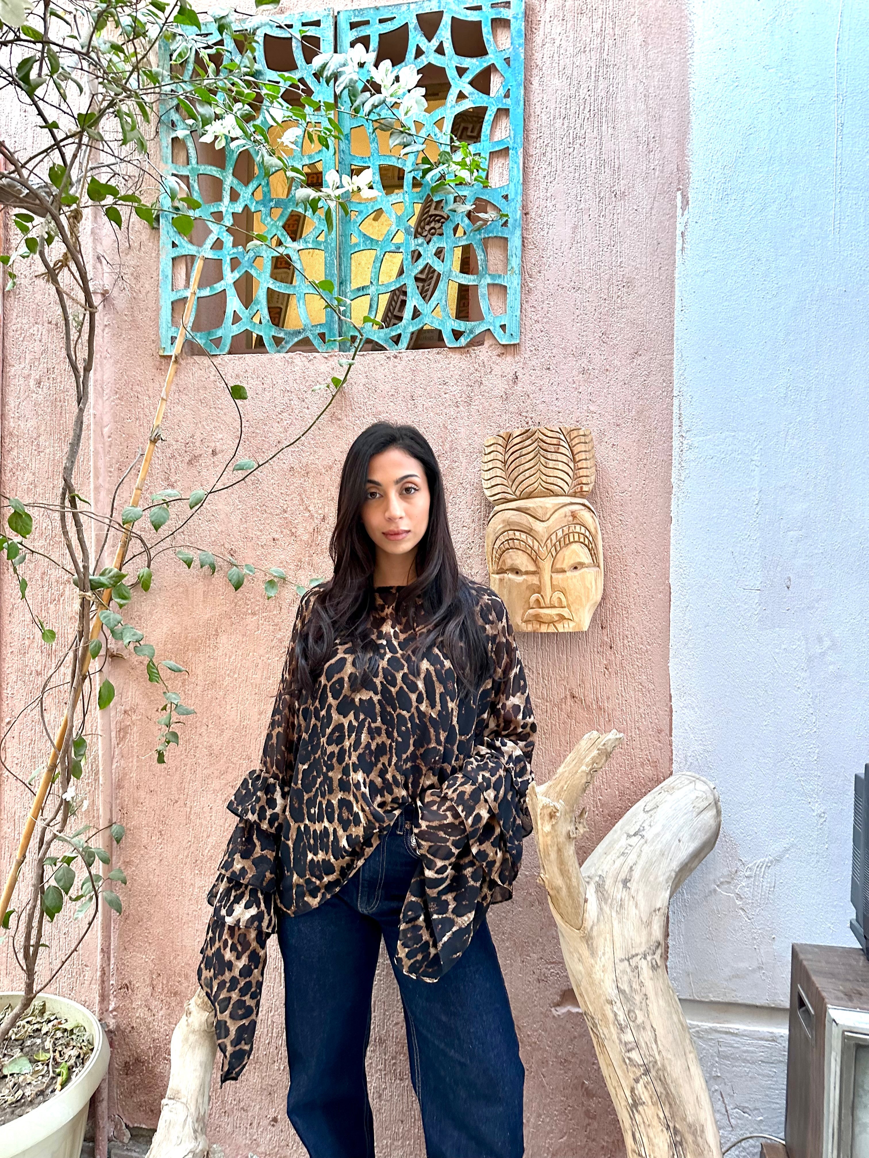 Leopard Ruffle Sleeve Blouse - Brown
