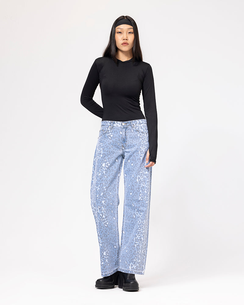 Denim Acid Wash Leopard Print Jeans - Light Blue