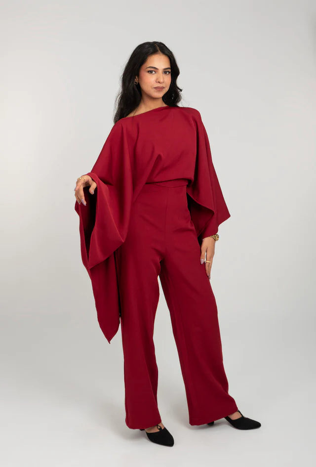 Cape Sleeve Detail Wide Leg Jumpsuit - Burgundy