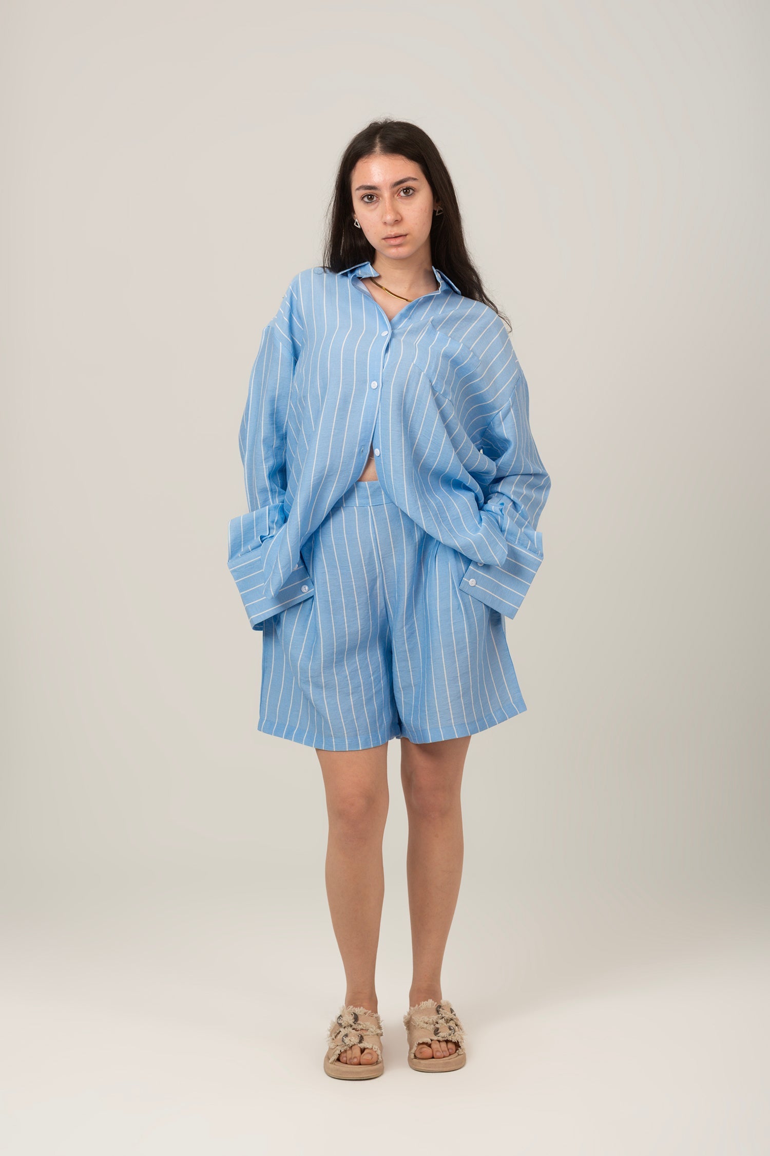 Linen Striped Set Top & Short - Sky Blue