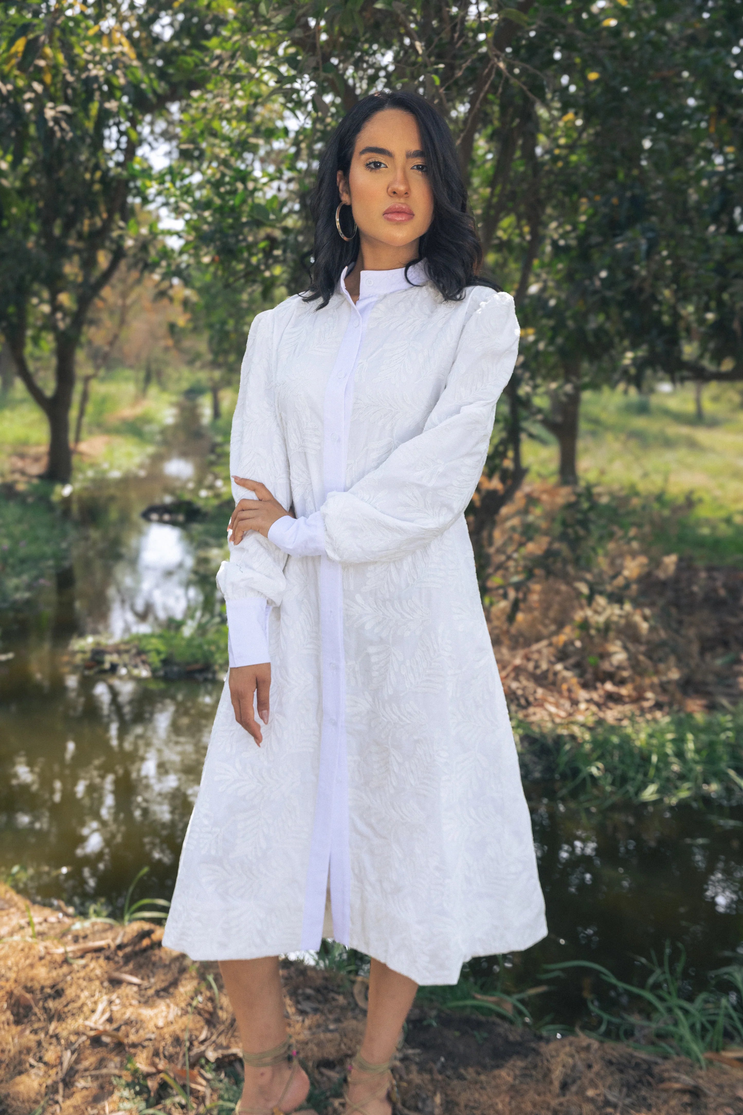 Linen Embroidered Shirtdress – White