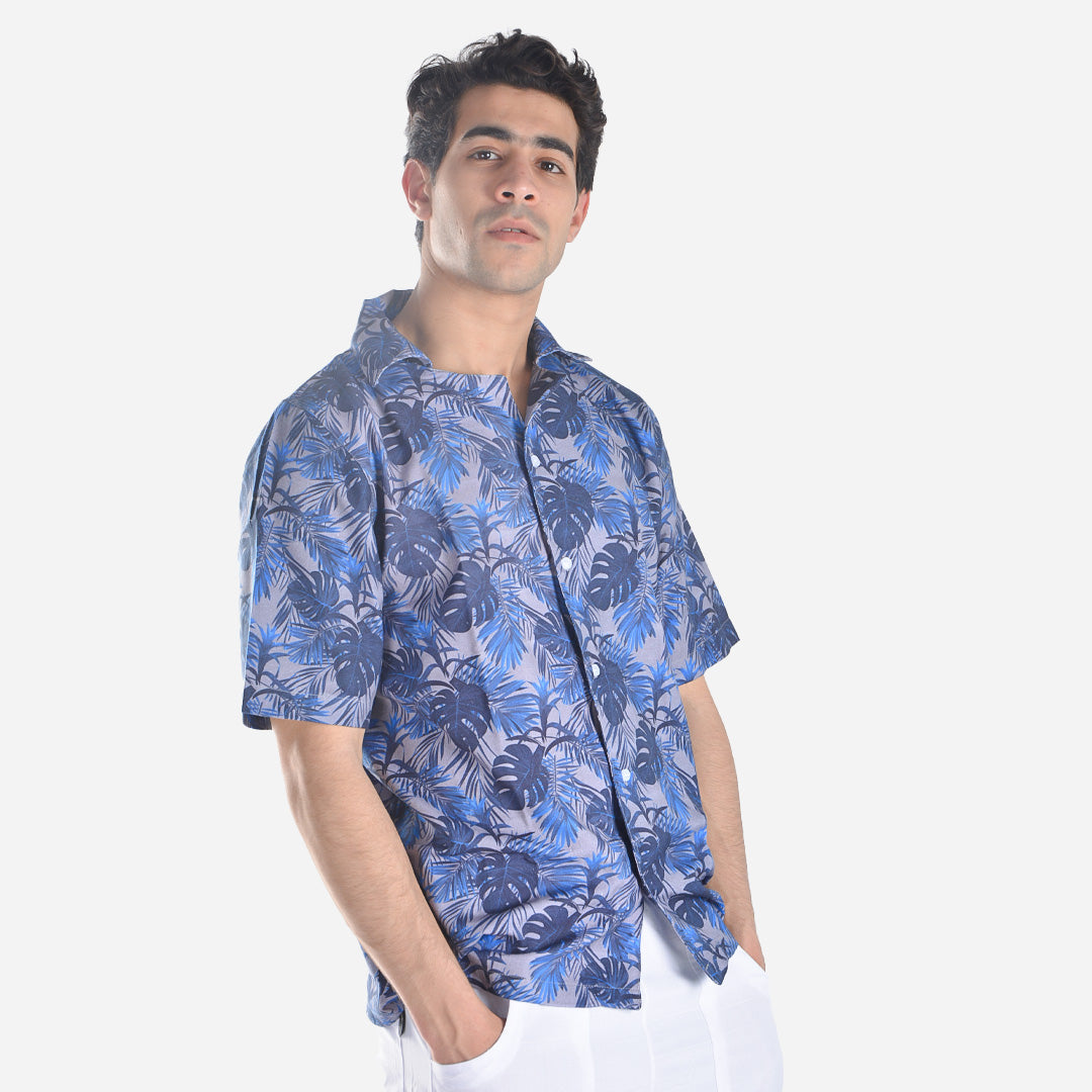 Cotton Tropical Print Hawaiian Shirt – Blue