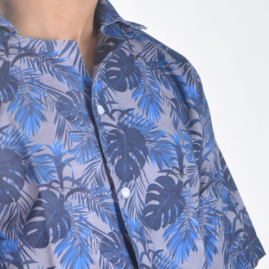 Cotton Tropical Print Hawaiian Shirt – Blue