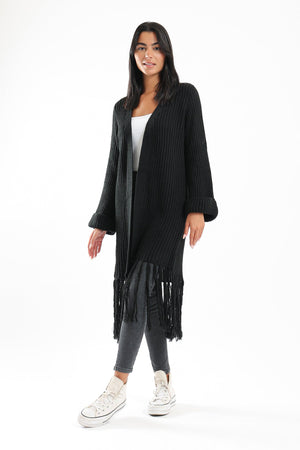 Long Wool Cardigan With Fringed Hems - Clue Wear