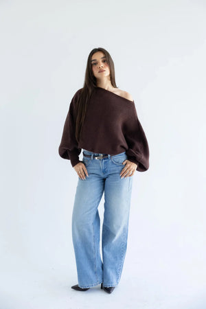 Cocoa brown off-shoulder pullover with light-wash jeans - full length