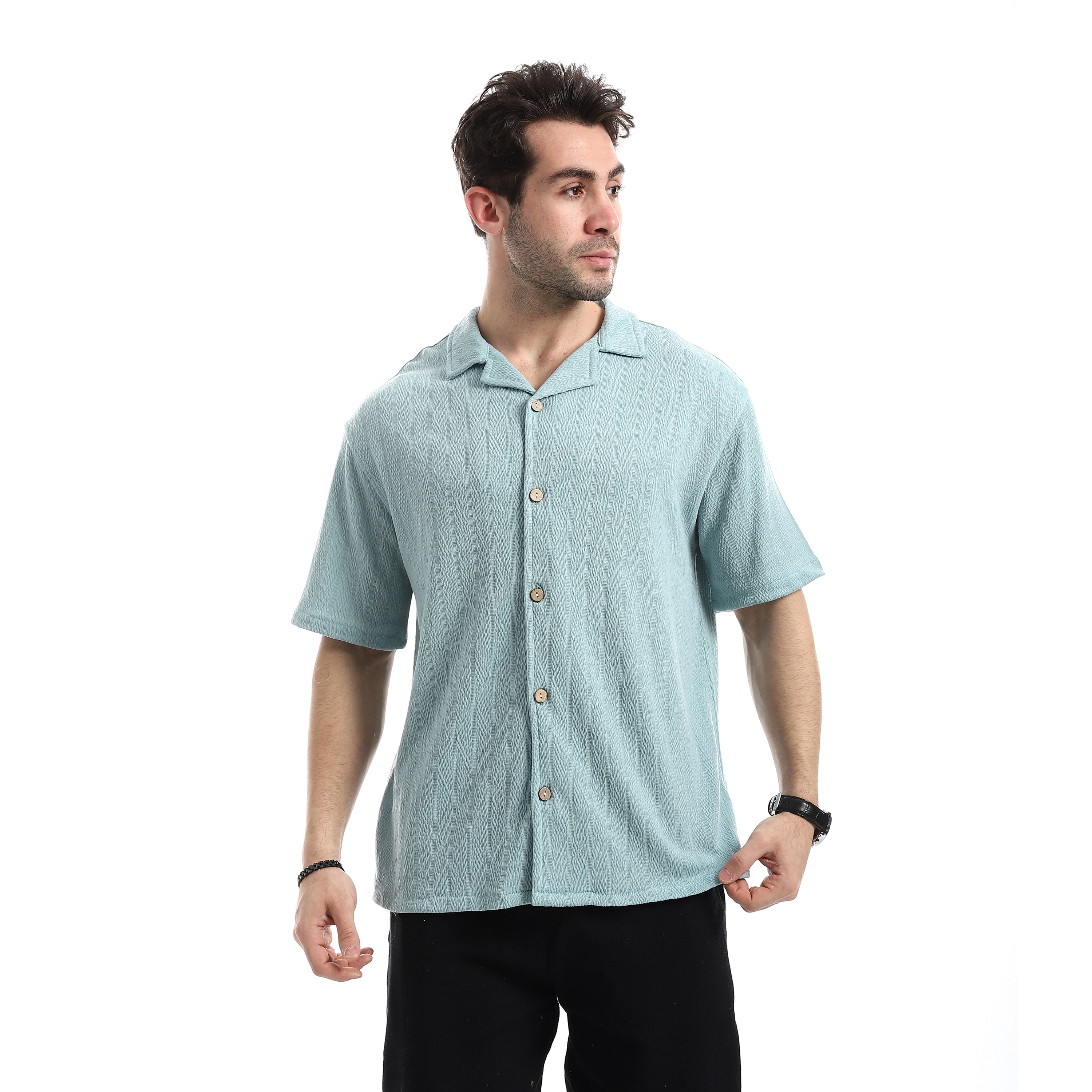 Short Sleeves Ribbed Button Closure Shirt - Mint Green