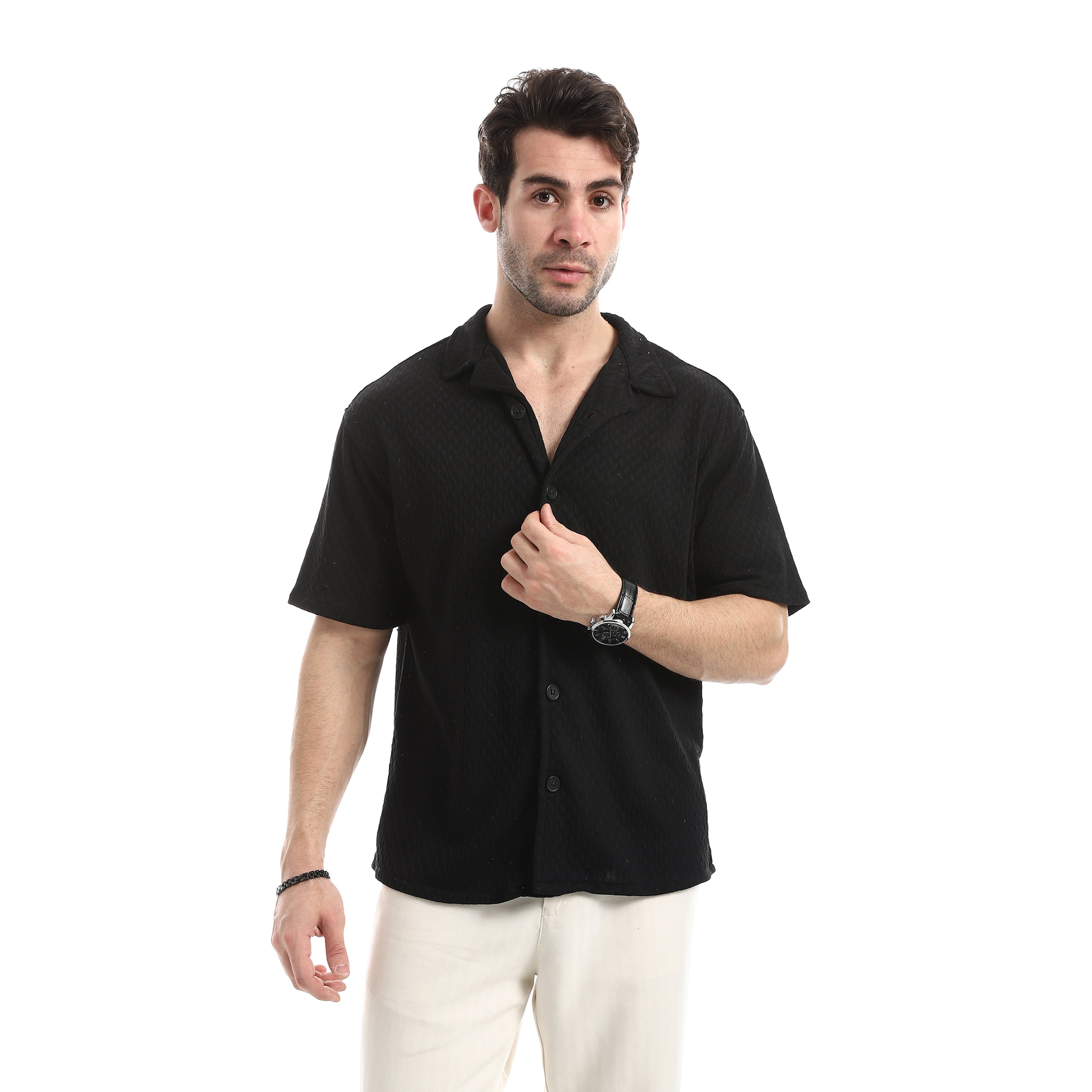 Short Sleeves Ribbed Button Closure Shirt - Black