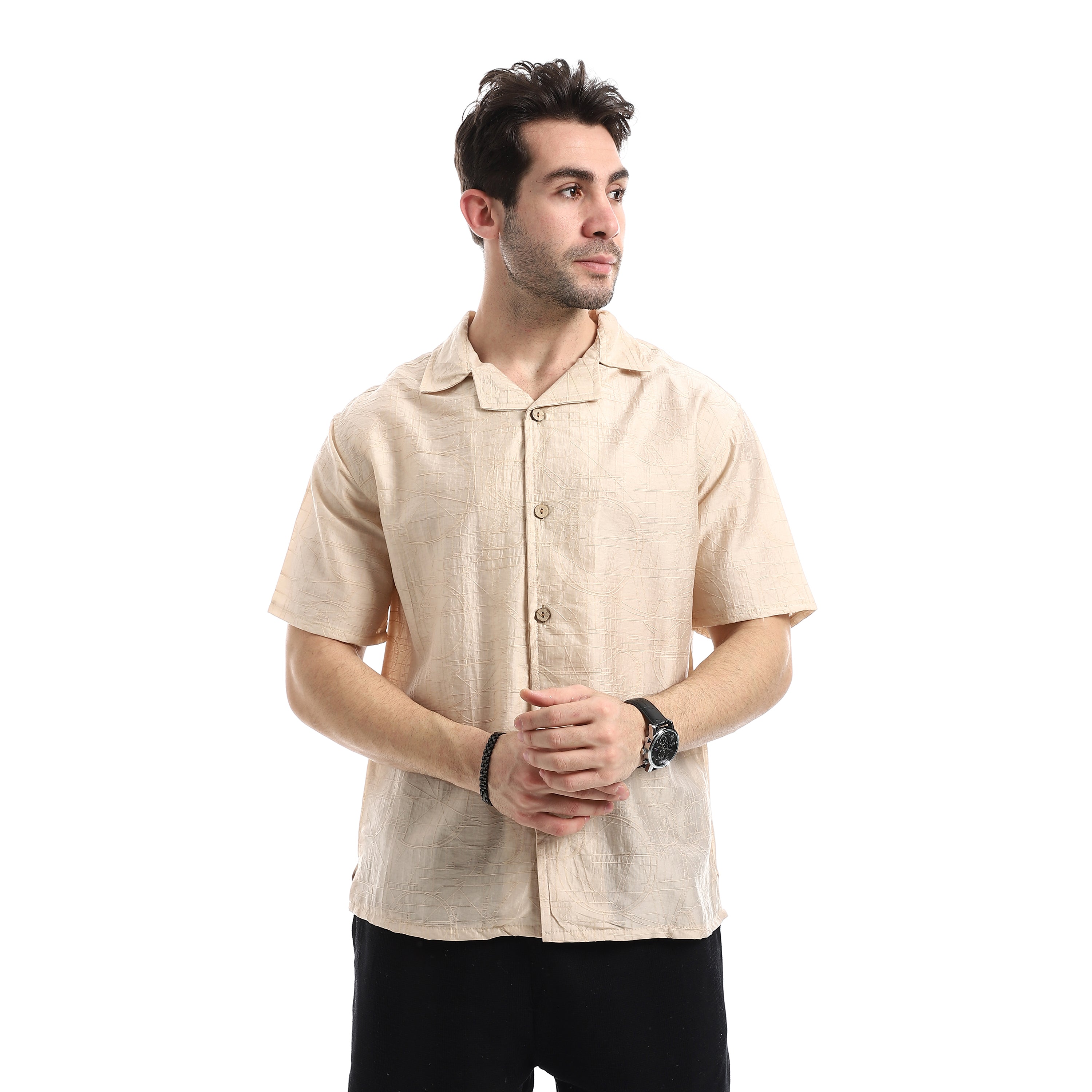 Jacquard Textured Pattern Short Sleeves Casual Shirt - Beige