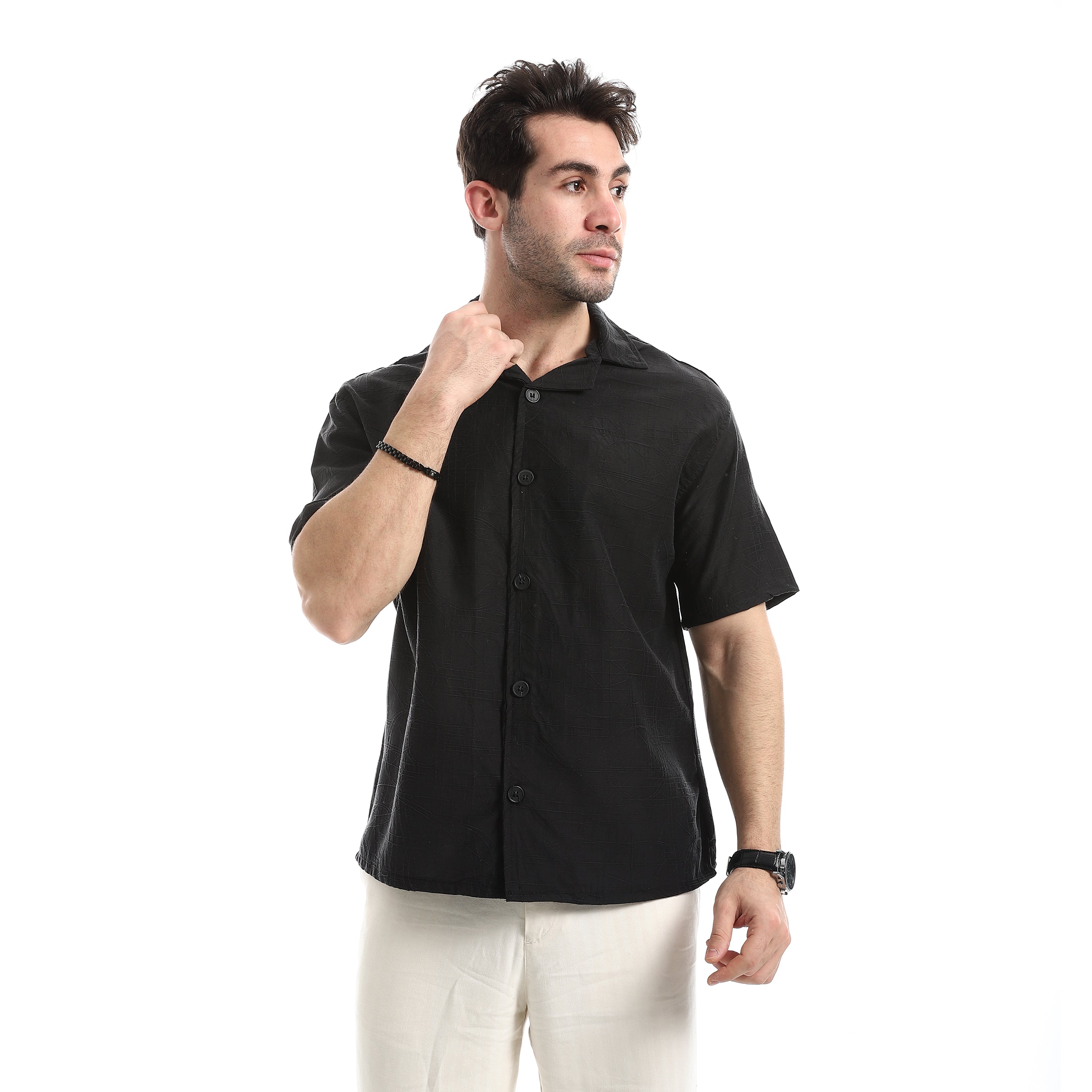 Jacquard Textured Pattern Short Sleeves Casual Shirt - Black