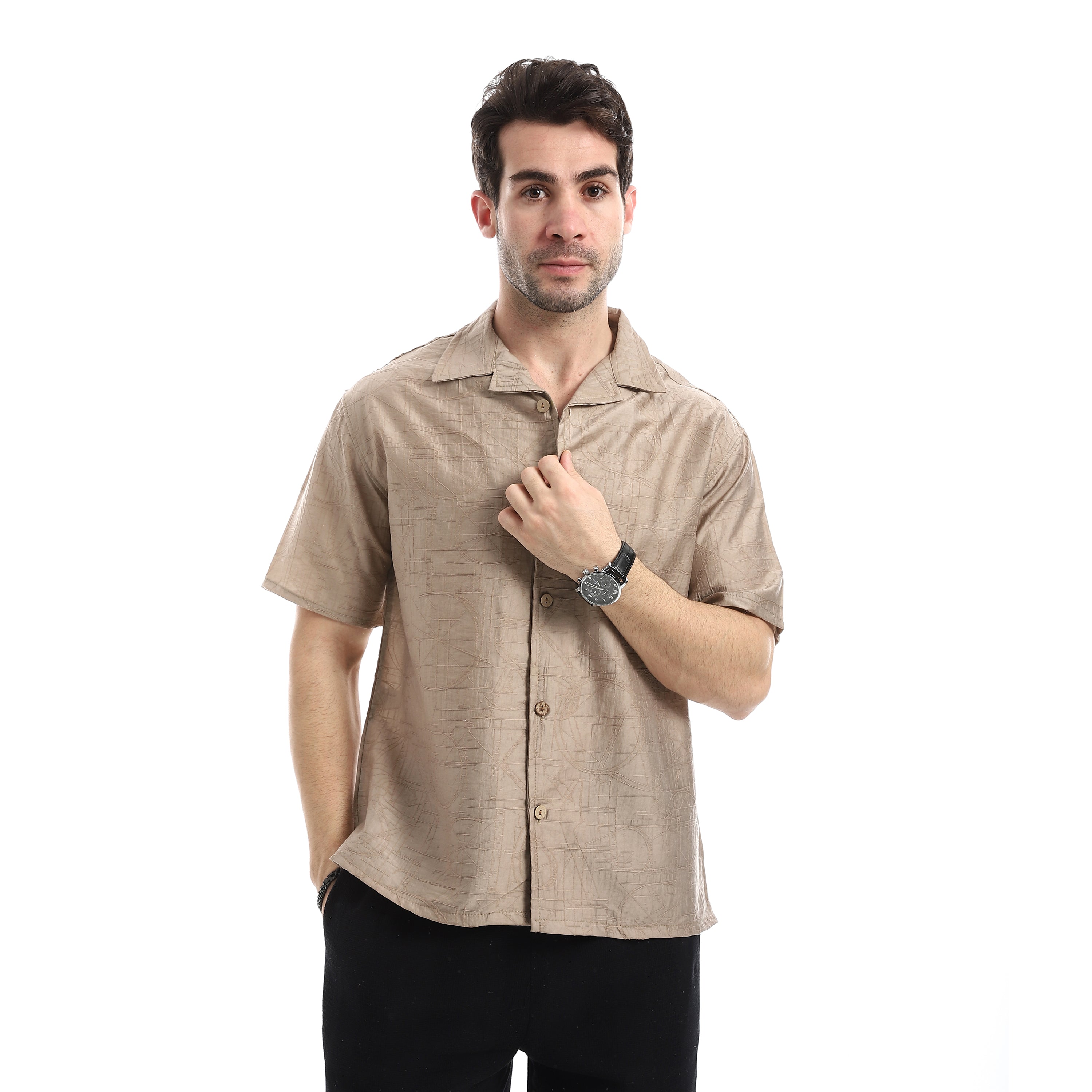 Jacquard Textured Pattern Short Sleeves Casual Shirt - Café