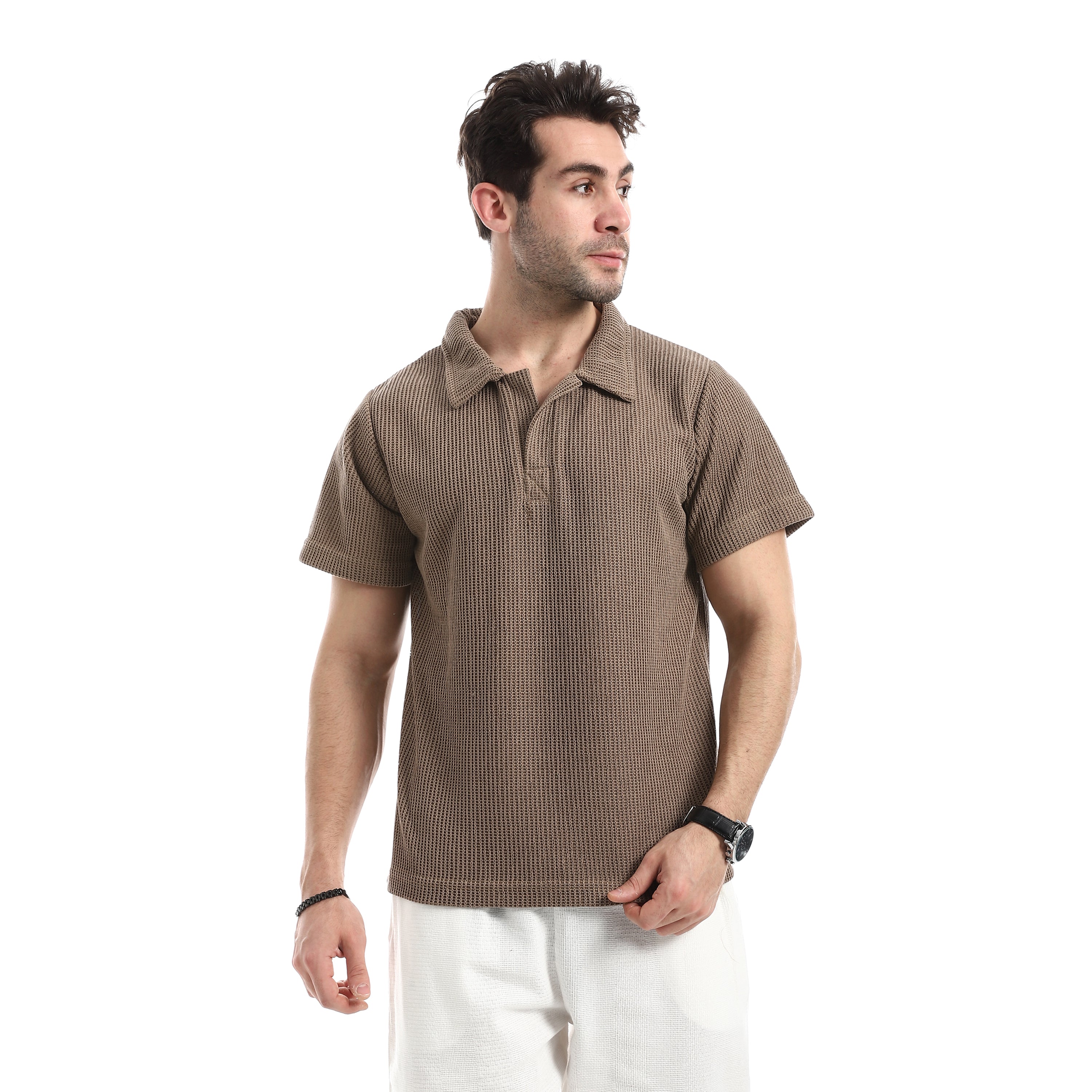 Textured Relaxed Polo T-Shirt - Café