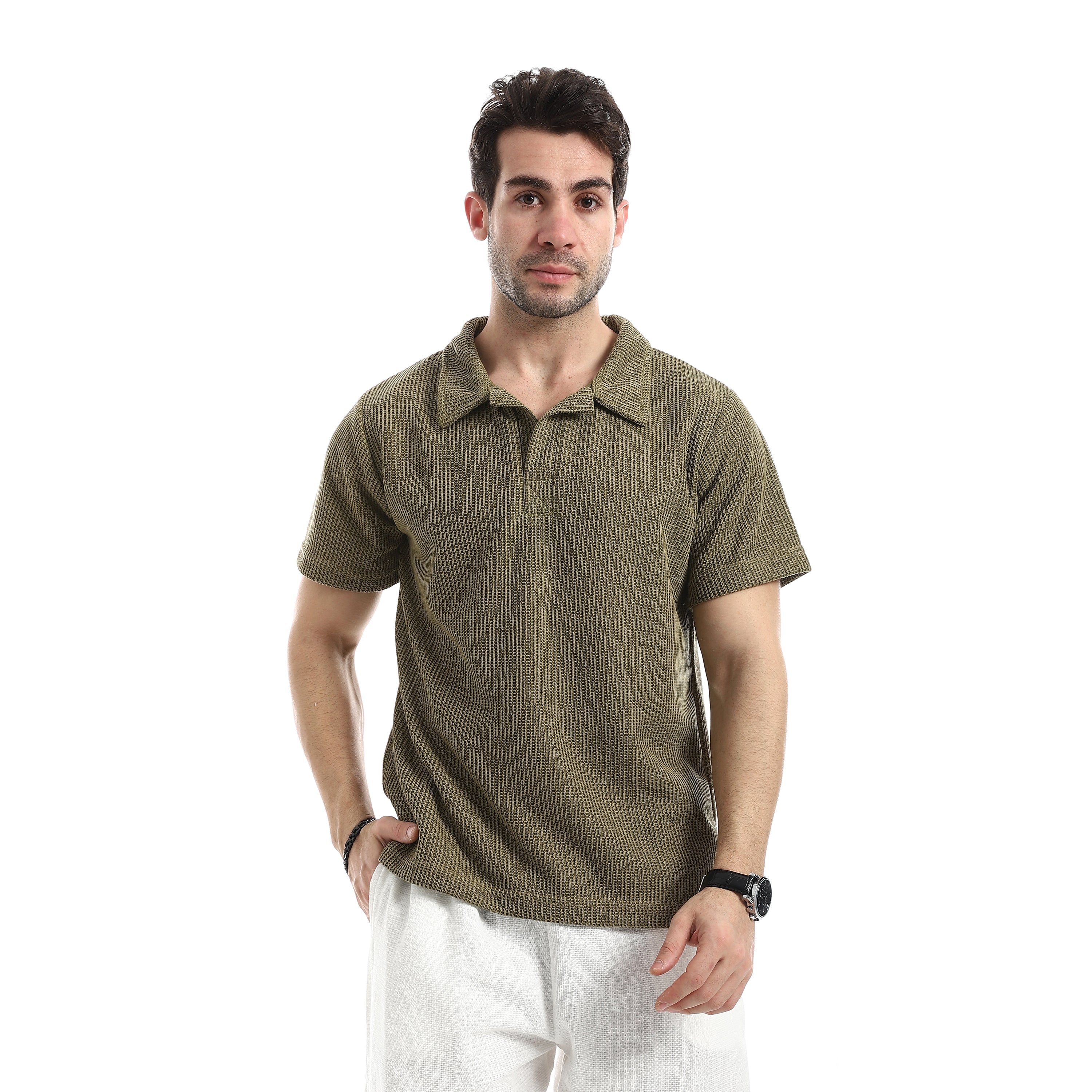 Textured Relaxed Polo T-Shirt - Olive