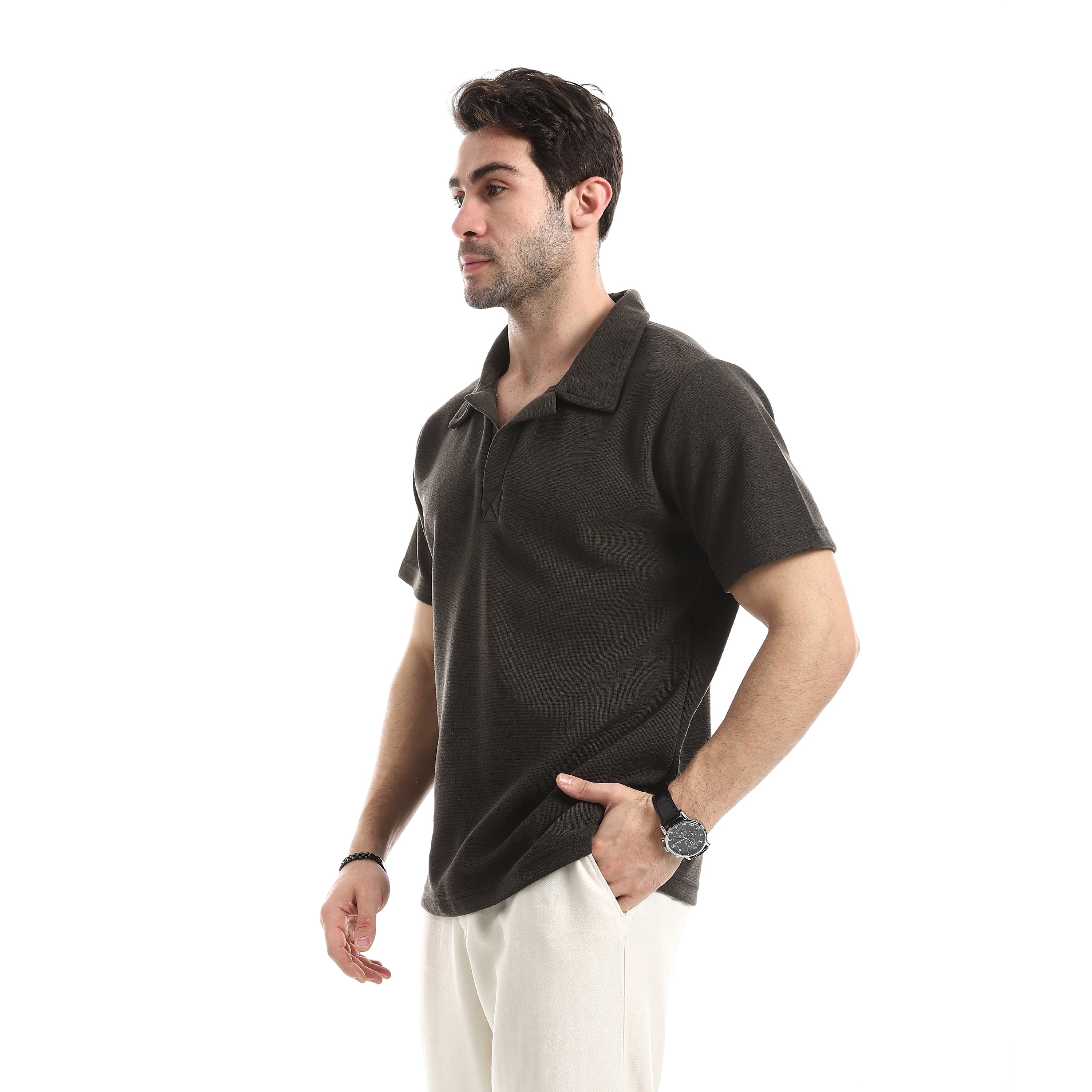 Textured Essential Polo T-Shirt - Dark Brown