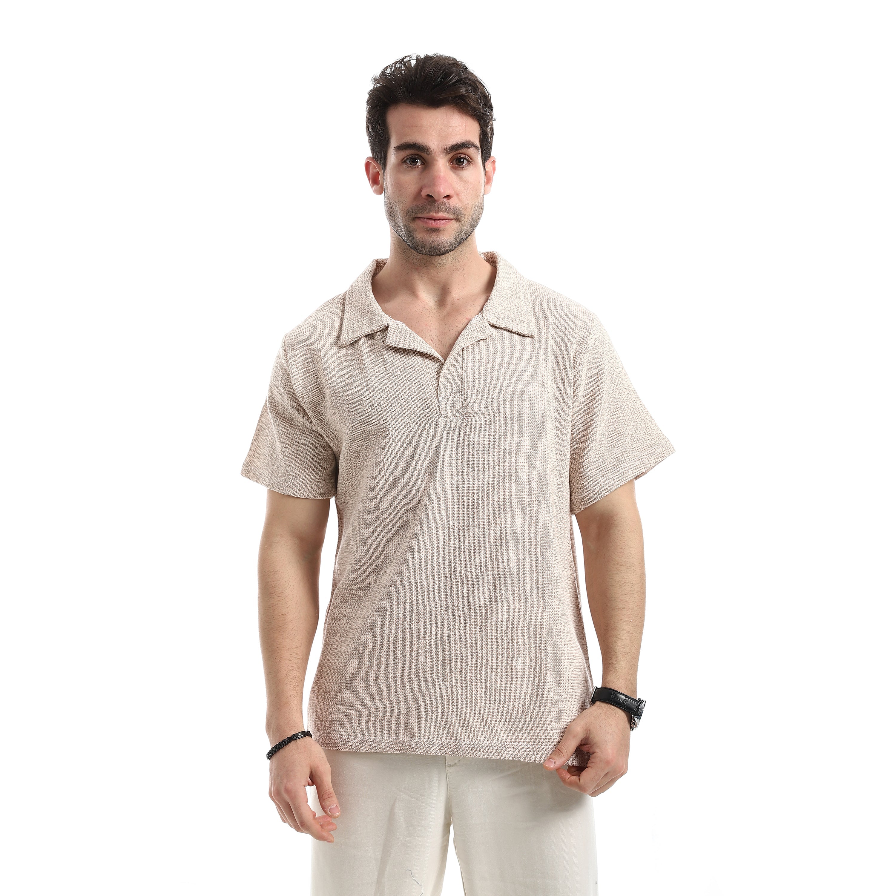Textured Short Sleeves T-Shirt - Beige