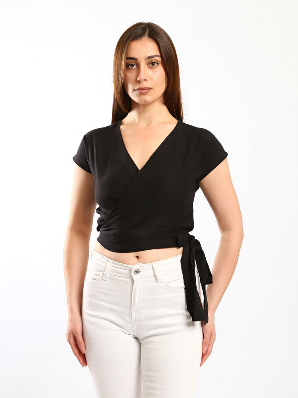 Wrap Side-Tie Linen Top – Black