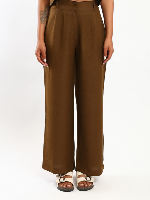 Solid Linen Wide-Leg Pants – Dark Brown