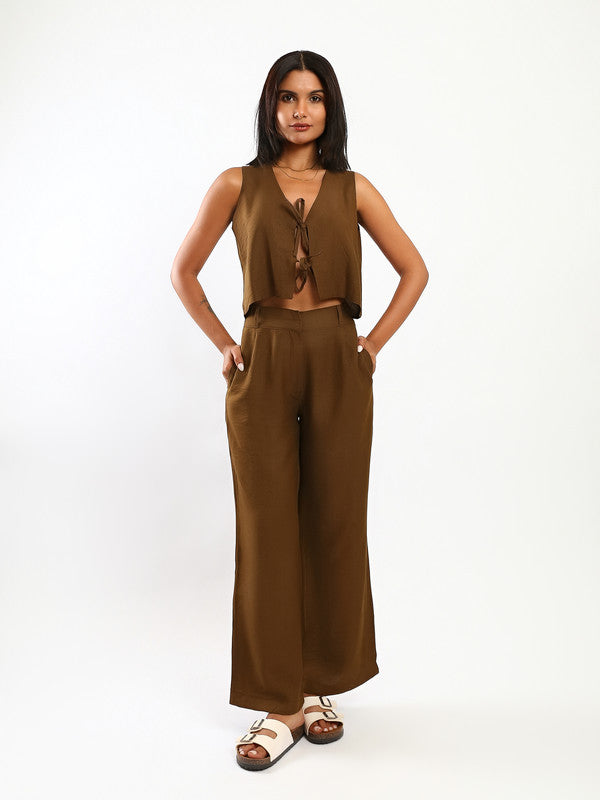 Solid Tie-Front Linen Set – Dark Brown