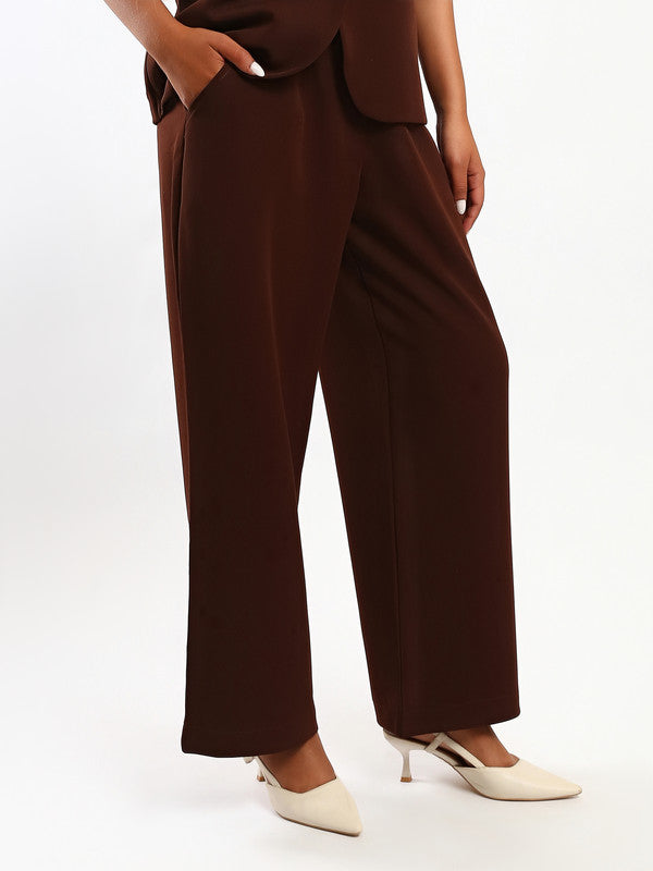 Solid Wide-Leg Tailored Pants – Brown