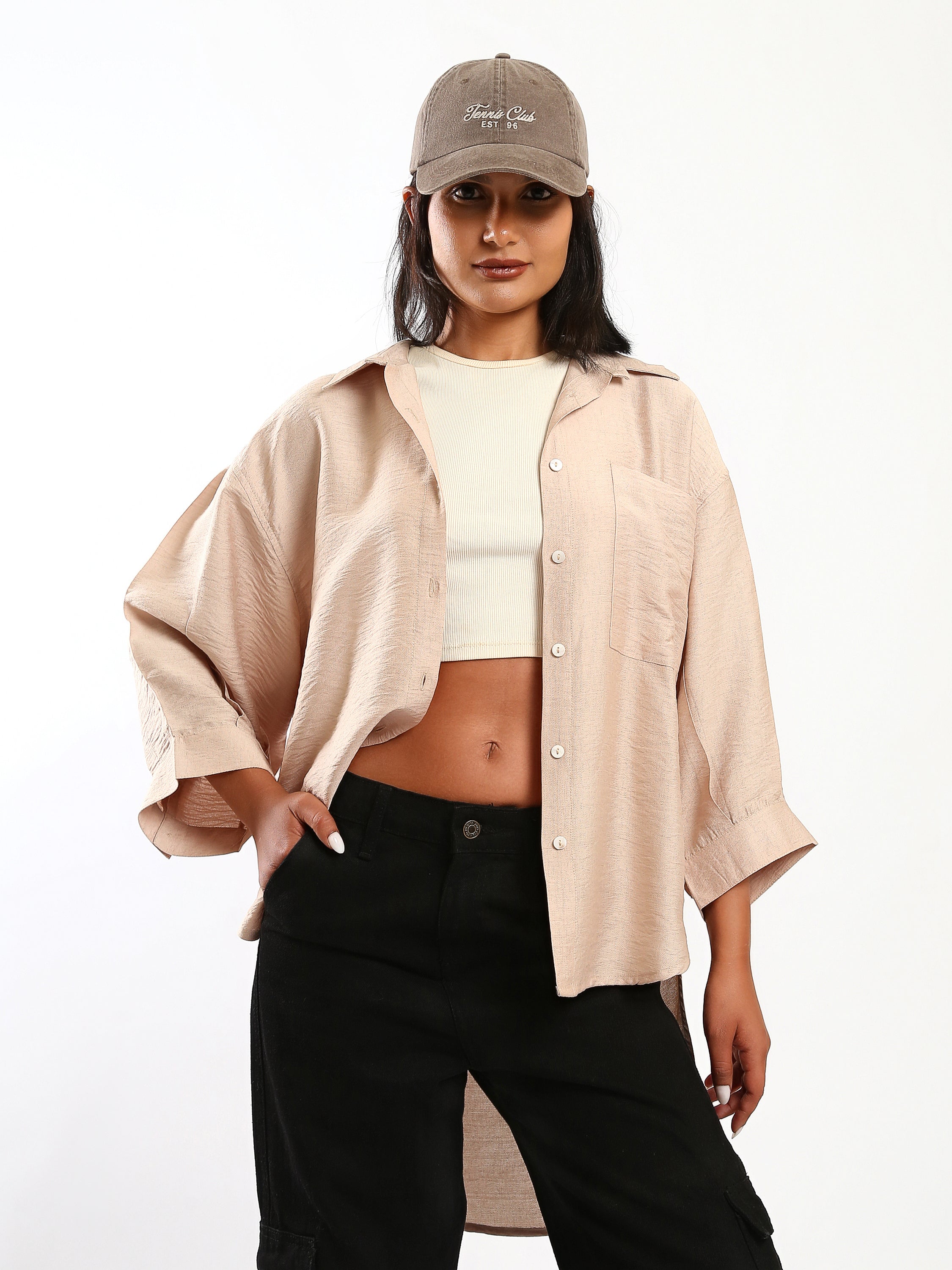 Linen Long Sleeves Relaxed Textured Shirt - Beige