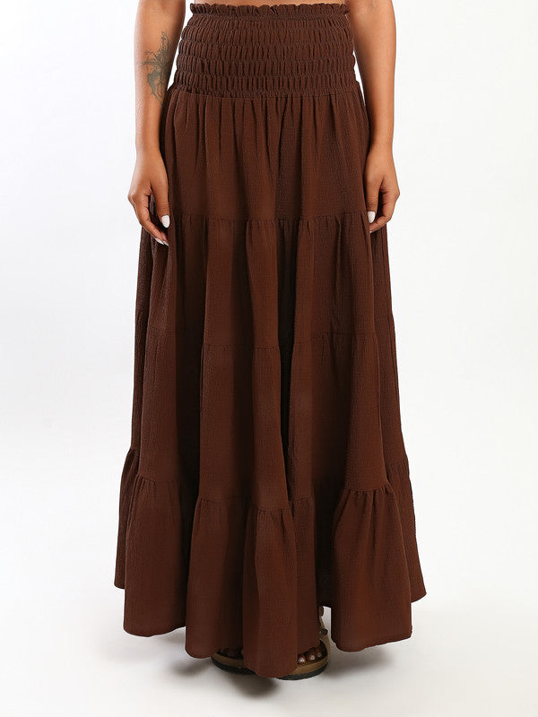 Solid Tiered Maxi Skirt – Brown