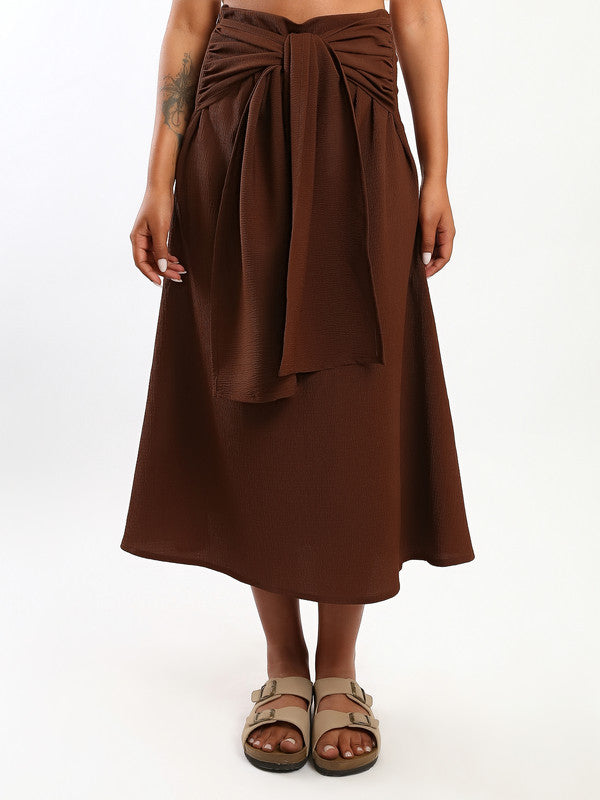 Solid Wrap Detail Midi Skirt – Brown