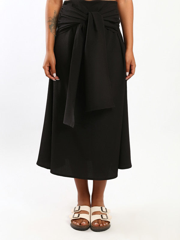 Solid Wrap Detail Midi Skirt – Black