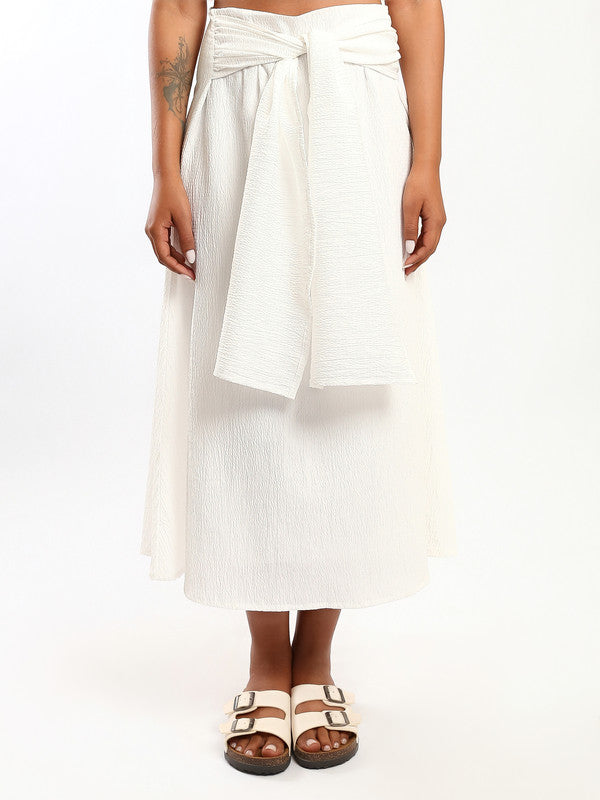 Solid Wrap Detail Midi Skirt – White