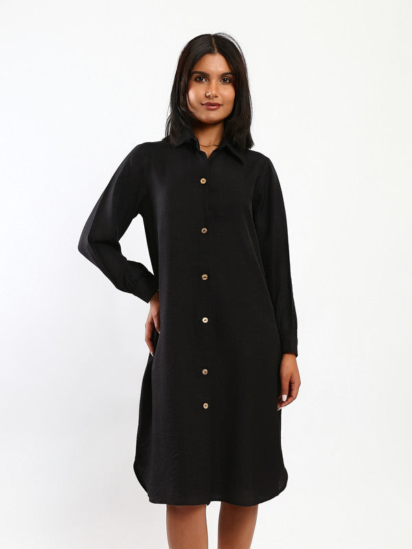 Solid Button Front Shirt Dress – Black