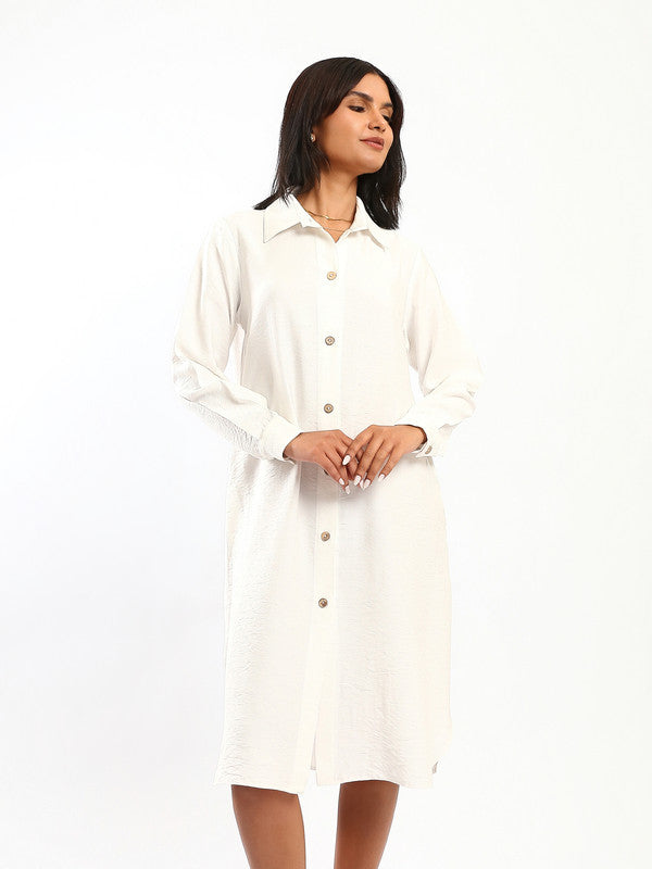 Solid Button Front Shirt Dress – White