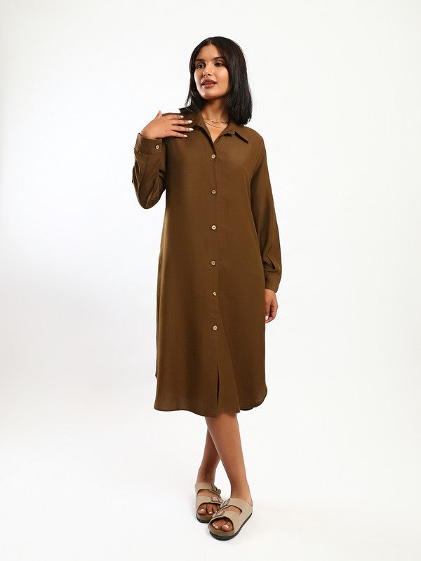 Solid Button Front Shirt Dress – Brown