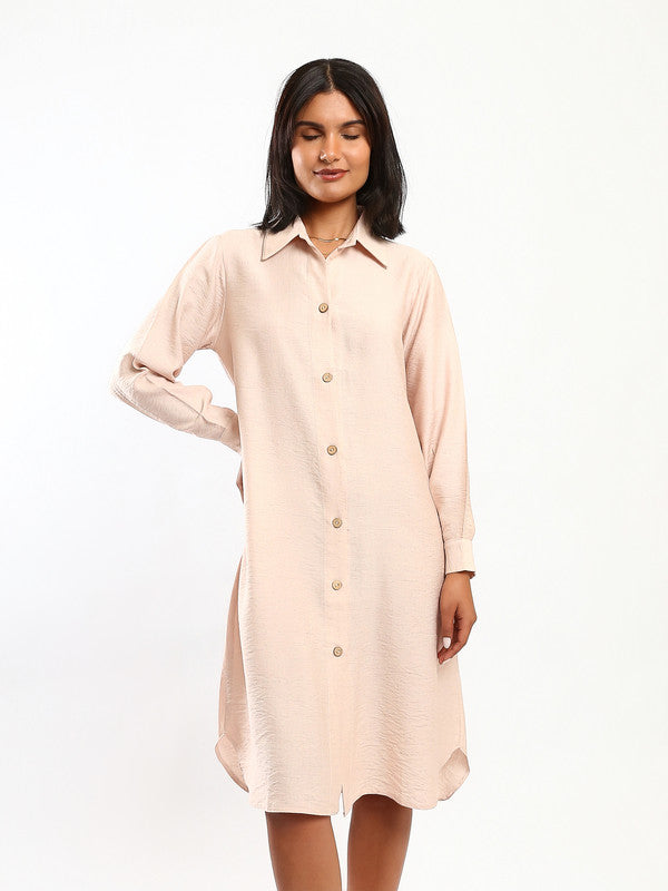 Solid Button Front Shirt Dress – Beige