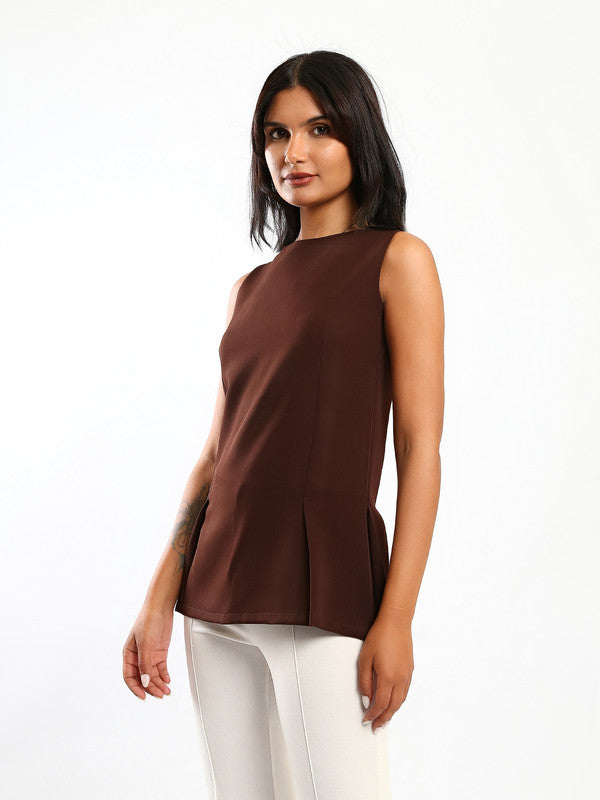 Solid Structured Peplum Blouse – Brown