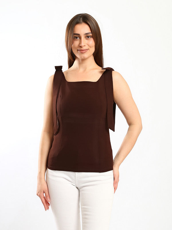 Solid Tie-Shoulder Fitted Blouse – Brown