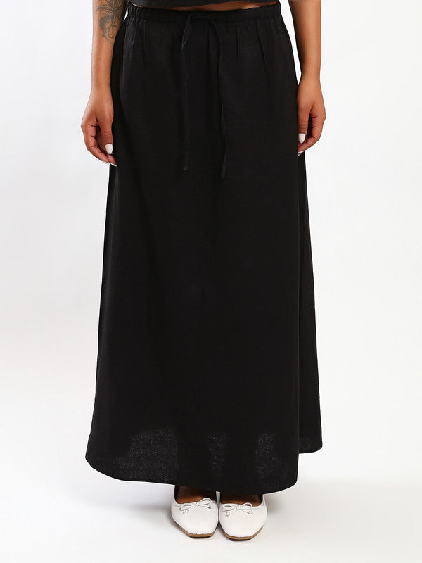 Solid Linen Maxi Skirt – Black