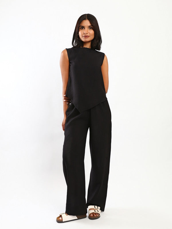 Solid Asymmetric Linen Pant Set – Black