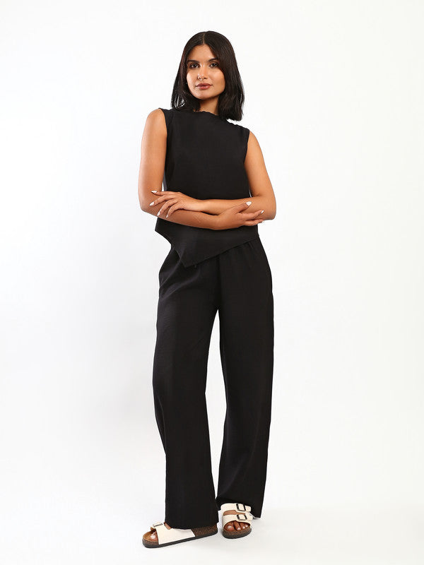 Solid Asymmetrical Linen Blouse – Black