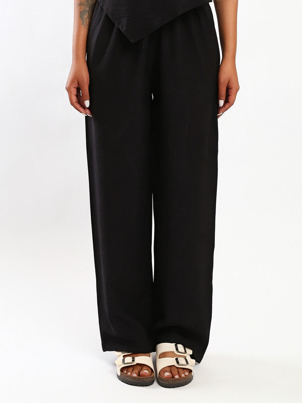 Solid Wide-Leg Linen Pants – Black