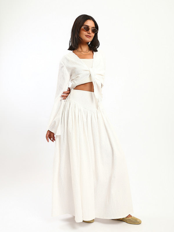 Solid Tie-Front Maxi Skirt Set – White