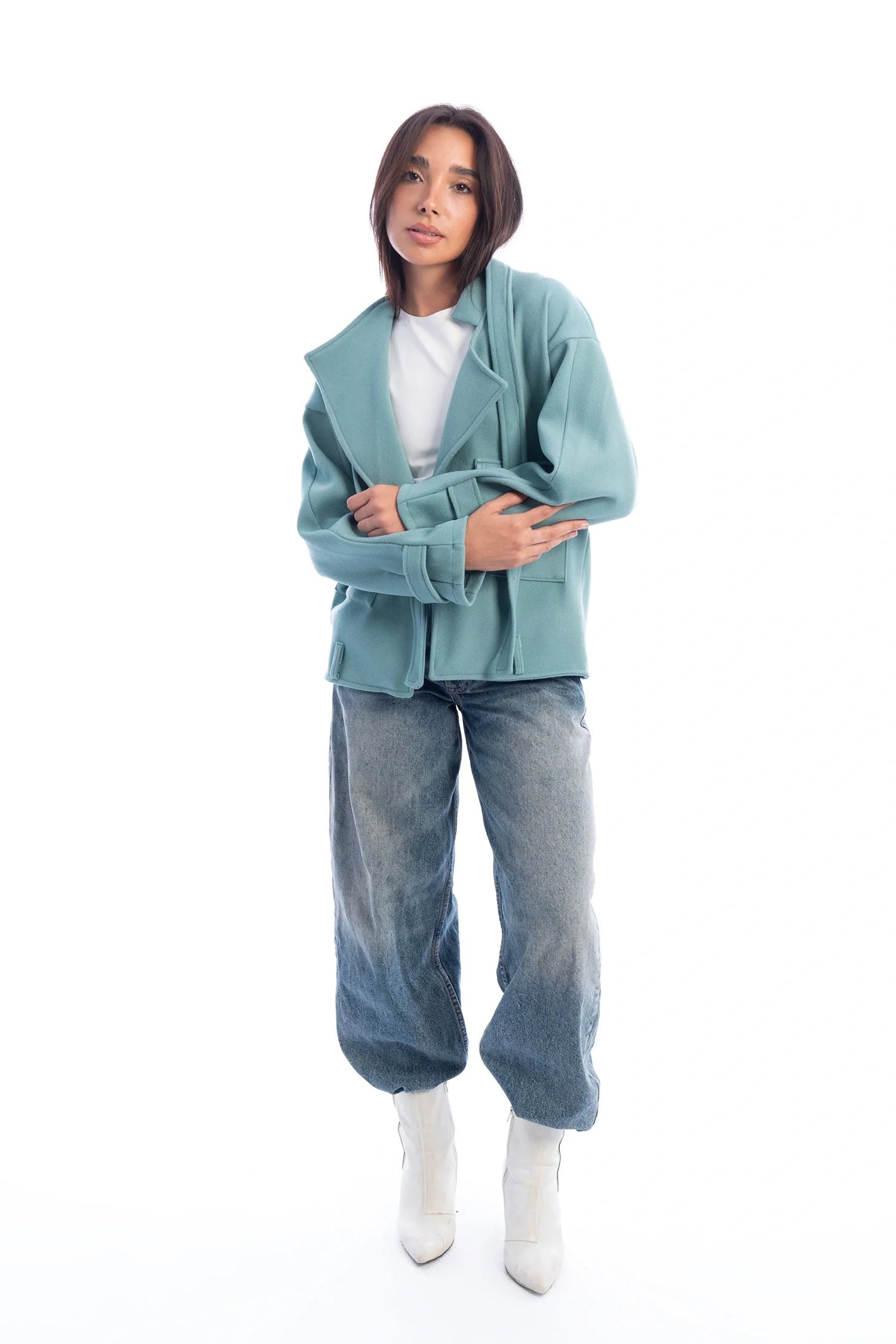 Crop Wool Irregular Jacket - Dusty Blue