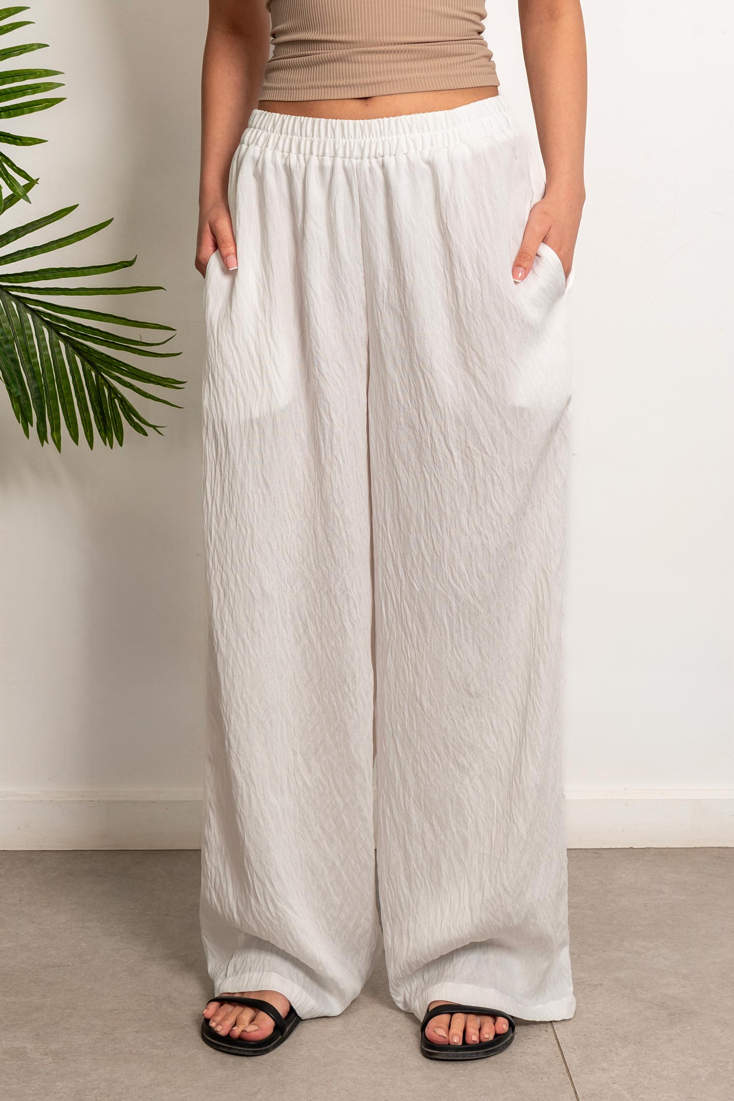 Wide-Leg Elastic Linen Pants - White