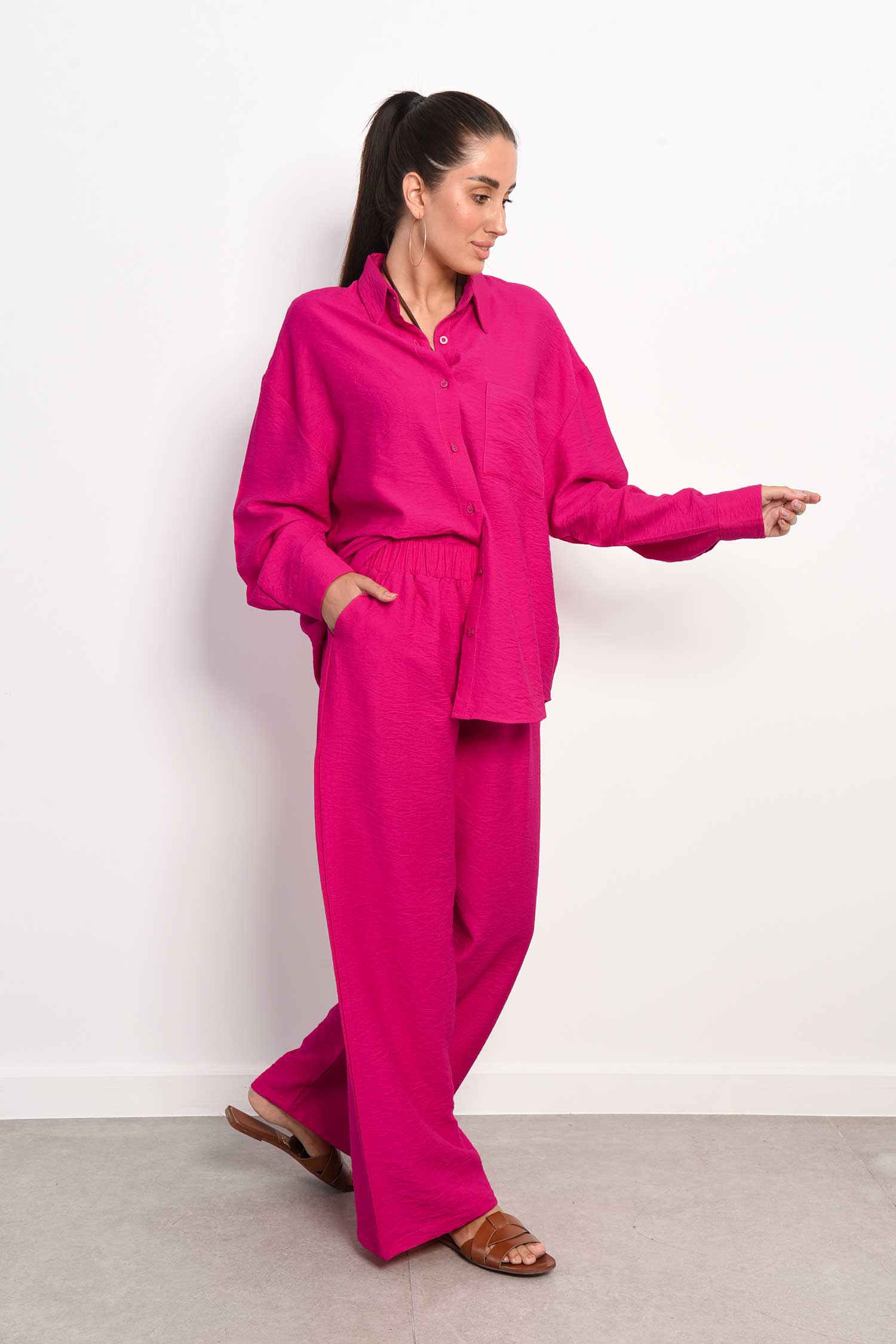 Linen Two-Piece Casual Loose Set - Fuchsia