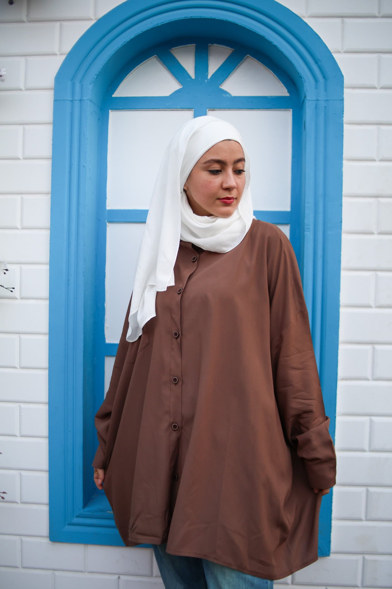 Cotton Plain Oversized Shirt - Brown