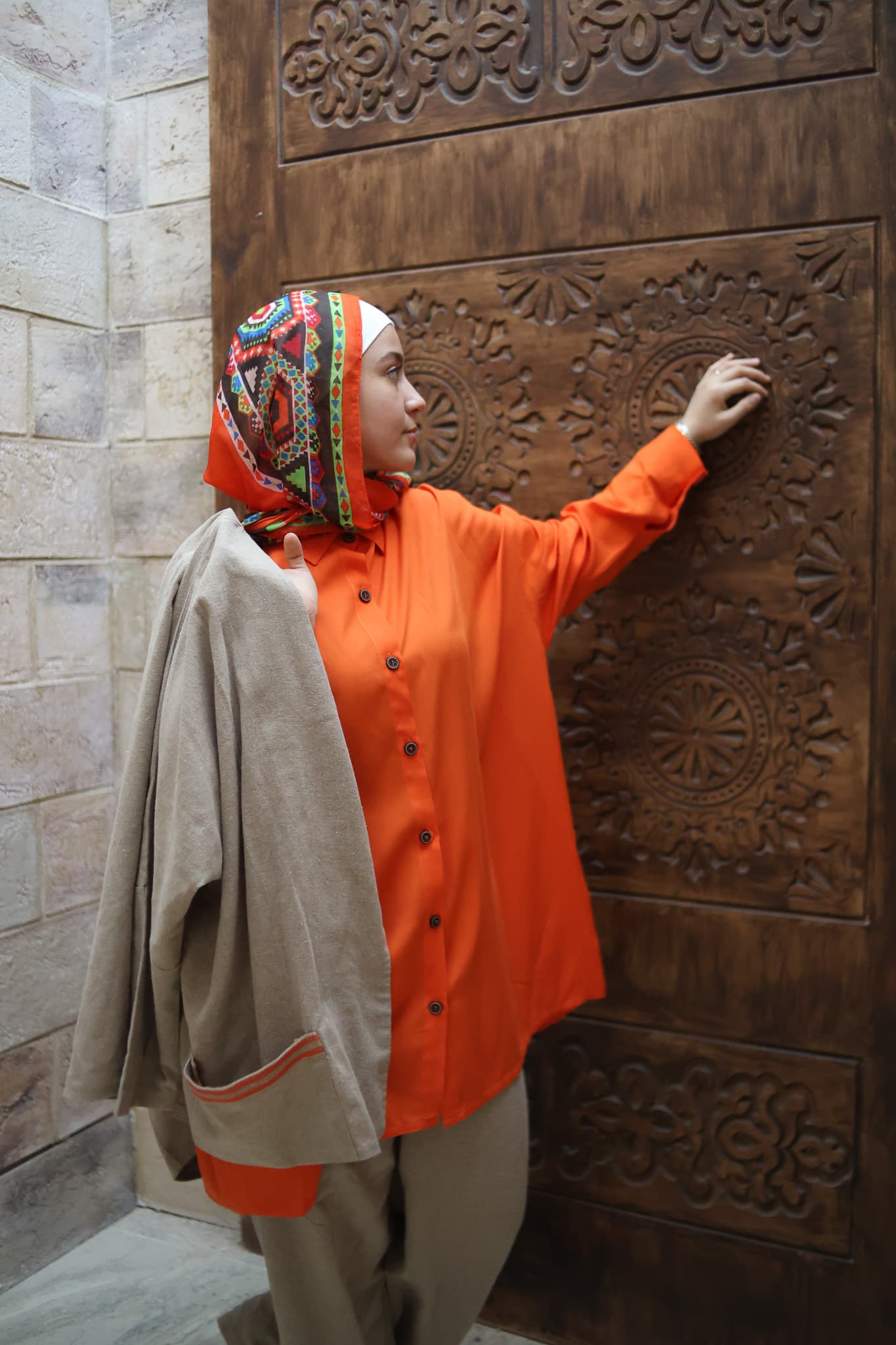 Cotton Plain Oversized Shirt - Orange